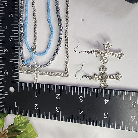 Silver Multi Chain Multi Media Cross Necklace and Earrings Set - Picture 9 of 9